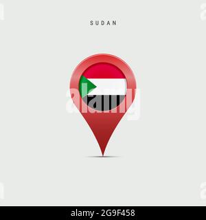 Teardrop-Kartenmarkierung mit Flagge des Sudan. Sudanesische Flagge in den Pin der Standortkarte eingefügt. 3D-Vektordarstellung auf hellgrauem Hintergrund isoliert. Stock Vektor