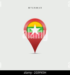 Teardrop-Kartenmarkierung mit Flagge von Myanmar. Die Burma-Flagge wurde in den Pin der Standortkarte eingefügt. 3D-Vektordarstellung auf hellgrauem Hintergrund isoliert. Stock Vektor