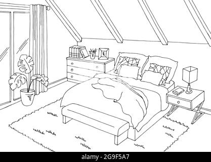 Dachboden Schlafzimmer schwarz weiß Grafik Haus Interieur Skizze Illustration Vektor Stock Vektor