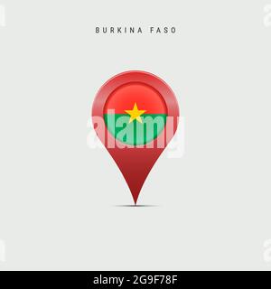 Teardrop-Kartenmarkierung mit Flagge von Burkina Faso. Obere Volta-Flagge in der Ortskennzeichnung eingefügt. 3D-Vektordarstellung isoliert auf hellgrauem Hintergrund Stock Vektor