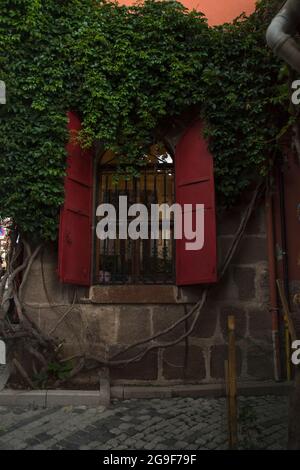 Verschloßtes Fenster eines von Efeu umgebenen Gebäudes um die Burg Ankara. Moderne Gefängnisse. geisterburg Stockfoto