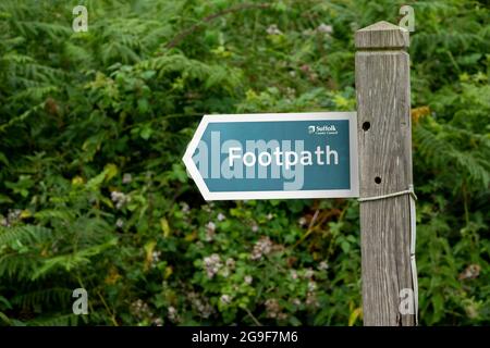 Richtungspfeil Fußwegeschild nach links auf einem Holzpfosten mit Brambles und Unterholz im Hintergrund montiert Stockfoto