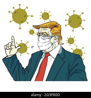 Donald Trump Trägt Maske Anti Coronavirus Symbol Bestellen Lockdown Cartoon Vektor Zeichnung Illustration Stock Vektor