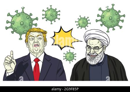 Donald Trump und Hassan Rouhani gegen Coronavirus COVID-19. Vektor Cartoon Karikatur Porträt Illustration Stock Vektor