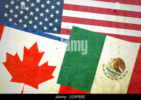 3d-Rendering von Flaggen der USA, Kanadas und Mexikos zusammen als Vintage-Hintergrund Stockfoto
