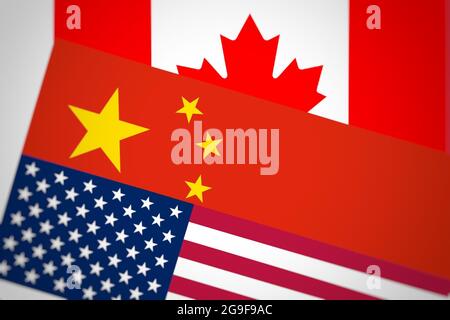 3d-Rendering von Flaggen der USA, Chinas und Candas zusammen Stockfoto