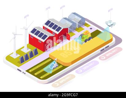 Smart Farm im Smartphone, Vektor-isometrische Illustration. Drahtlose Fernbedienung. IoT-Technologien in der Landwirtschaft. Stock Vektor