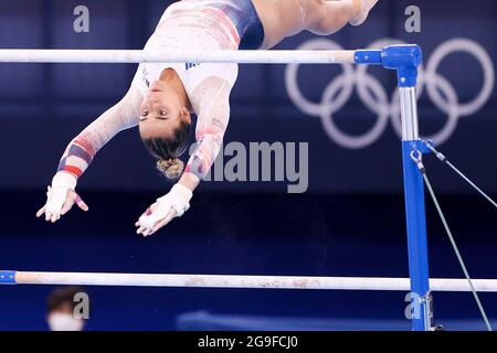 TOKIO, JAPAN - 25. JULI: Amelie Morgan aus Großbritannien tritt während der Olympischen Spiele 2020 im Ariake Gymnastik Center am 25. Juli 2021 in Tokio (Foto: Iris van den Broek/Orange Picles) an der Qualifikation der Frauen in der Unterabteilung 2 an Stockfoto