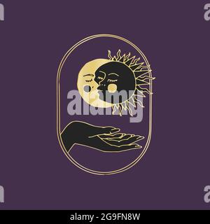 Vintage Mystic Sun and Moon Kissing Illustration mit dekorativer Bordüre Stock Vektor