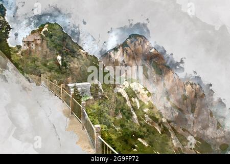 Digitale Aquarellmalerei von schönen Landschaftsbild Ansicht der Huangshan Berge in China. Stockfoto