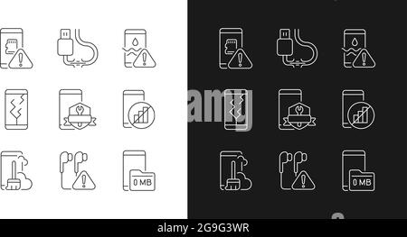 Technische Probleme mit Mobiltelefonen Schwarze lineare Symbole für den Dunkel- und Lichtmodus Stock Vektor