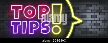 Top-Tipps Neon-Text auf dem Steinhintergrund. Top-Tipps. Für Unternehmen, Marketing und Werbung. Vektor auf isoliertem Hintergrund. EPS 10. Stock Vektor