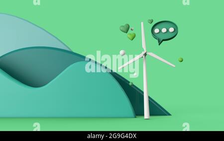 Nachhaltige Energie-Windkraftanlage in einer Öko-grünen Landschaft. 3D-Rendering Stockfoto