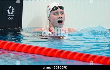 26. Juli 2021, Japan, Tokio: Schwimmen: Olympische Spiele, Vorkämpfe, 1500 m Freistil, Frauen, Vorbereitungen im Tokyo Aquatics Center. Die kanadische Katrina Bellio reagiert. Foto: Michael Kappeler/dpa Stockfoto