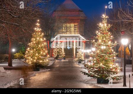 Das beleuchtete Graduiertenhaus im Kurpark von Bad Reichenhall zur Weihnachtszeit. Bezirk Berchtesgadener Land, Oberbayern, Deutschland Stockfoto