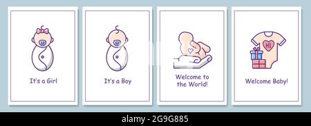 Willkommensparty für neugeborene Baby Grußkarten mit Farb-Icon-Element-Set Stock Vektor