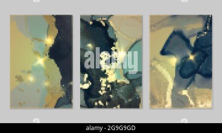 Marmor Set aus Gold, blau und türkis Hintergründe mit Textur. Geode-Muster mit Glitzer. Abstrakte Vektorhintergründen in fluiden Kunst Alkohol Tinte Techni Stock Vektor
