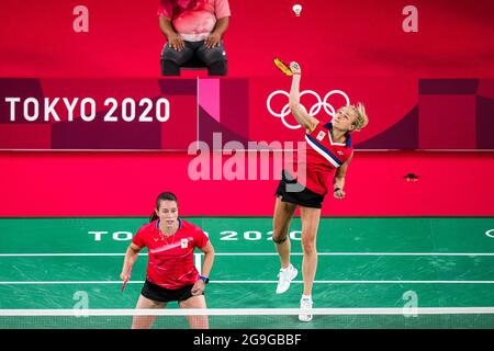 TOKIO, JAPAN - 26. JULI: Selena Piek aus den Niederlanden im Wettbewerb auf der Frauen-Doppel-Gruppenspielbühne - Gruppe B während der Olympischen Spiele 2020 in Tokio am 26. Juli 2021 auf dem Musashino Forest Plaza in Tokio, Japan (Foto: Yannick Verhoeven/Orange Picics) NOCNSF Stockfoto