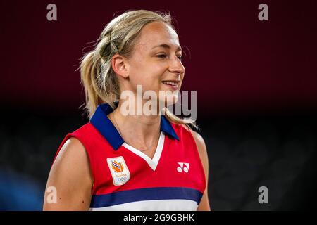 TOKIO, JAPAN - 26. JULI: Selena Piek aus den Niederlanden im Wettbewerb auf der Frauen-Doppel-Gruppenspielbühne - Gruppe B während der Olympischen Spiele 2020 in Tokio am 26. Juli 2021 auf dem Musashino Forest Plaza in Tokio, Japan (Foto: Yannick Verhoeven/Orange Picics) NOCNSF Stockfoto