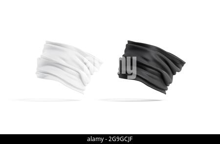 Blank schwarz-weiß gefaltet Hals Gamasche Mockup, Seitenansicht, 3d-Rendering. Leerer staubfester Halswärmer oder Bandana-Modell, isoliert. Klares Baumwollband Stockfoto