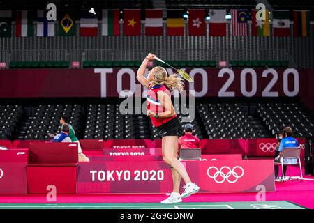 TOKIO, JAPAN - 26. JULI: Selena Piek aus den Niederlanden im Wettbewerb auf der Frauen-Doppel-Gruppenspielbühne - Gruppe B während der Olympischen Spiele 2020 in Tokio am 26. Juli 2021 auf dem Musashino Forest Plaza in Tokio, Japan (Foto: Yannick Verhoeven/Orange Picics) NOCNSF Stockfoto