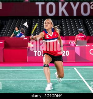 TOKIO, JAPAN - 26. JULI: Selena Piek aus den Niederlanden im Wettbewerb auf der Frauen-Doppel-Gruppenspielbühne - Gruppe B während der Olympischen Spiele 2020 in Tokio am 26. Juli 2021 auf dem Musashino Forest Plaza in Tokio, Japan (Foto: Yannick Verhoeven/Orange Picics) NOCNSF Stockfoto