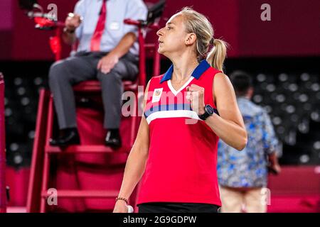 TOKIO, JAPAN - 26. JULI: Selena Piek aus den Niederlanden im Wettbewerb auf der Frauen-Doppel-Gruppenspielbühne - Gruppe B während der Olympischen Spiele 2020 in Tokio am 26. Juli 2021 auf dem Musashino Forest Plaza in Tokio, Japan (Foto: Yannick Verhoeven/Orange Picics) NOCNSF Stockfoto