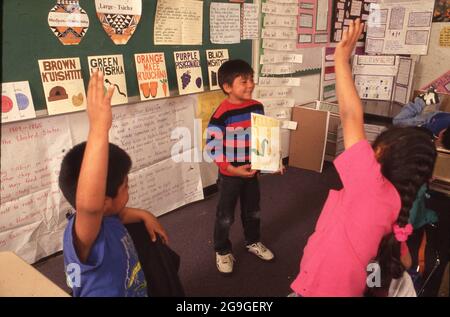 Acoma Pueblo, New Mexico USA, 1993: Eifrige Schüler der Klassen 1st heben ihre Hände während des Vokabelunterrichts und unterrichten Englisch und Acoma. ©Bob Daemmrich Stockfoto