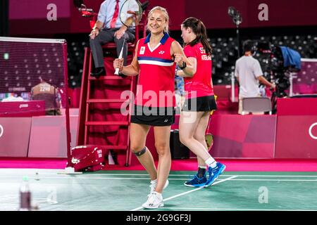 TOKIO, JAPAN - 26. JULI: Cheryl seinen aus den Niederlanden und Selena Piek aus den Niederlanden treten während der Olympischen Spiele in Tokio 2020 auf der Musashino Forest Plaza am 26. Juli 2021 in Tokio, Japan, im Wettbewerb auf der Women's Doubles Group Play Stage - Gruppe B an (Foto: Yannick Verhoeven/Orange Picles) NOCNSF Stockfoto