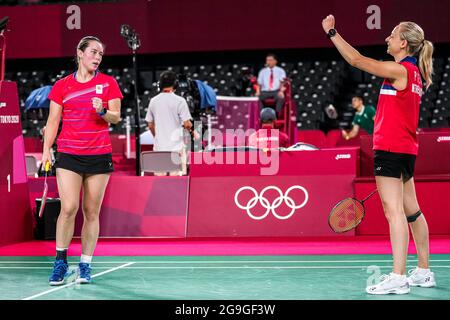 TOKIO, JAPAN - 26. JULI: Cheryl seinen aus den Niederlanden und Selena Piek aus den Niederlanden treten während der Olympischen Spiele in Tokio 2020 auf der Musashino Forest Plaza am 26. Juli 2021 in Tokio, Japan, im Wettbewerb auf der Women's Doubles Group Play Stage - Gruppe B an (Foto: Yannick Verhoeven/Orange Picles) NOCNSF Stockfoto