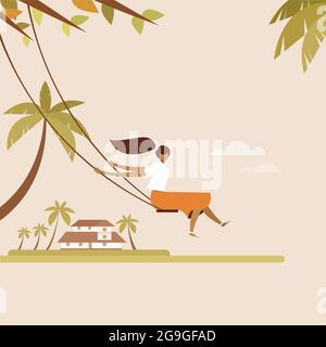 Ein Mädchen, das im Freien schwingt. Konzept für das Onam-Festival in Kerala, Indien Stock Vektor