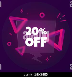 20 % Rabatt. Sprechblasenbanner mit 20 % Rabatt auf Text. Glassmorphismus-Stil. Für Unternehmen, Marketing und Werbung. Vektor auf isoliertem Backgr Stock Vektor