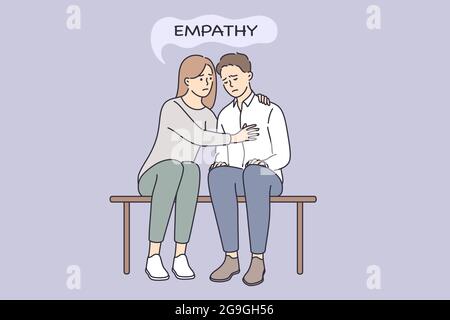 Empathie und Mitgefühl, Verständnis des Konzepts. Junge Frau sitzt und umarmt traurig deprimiert Mann Empathie Gefühl schlecht zusammen Vektor-Illustration Stock Vektor