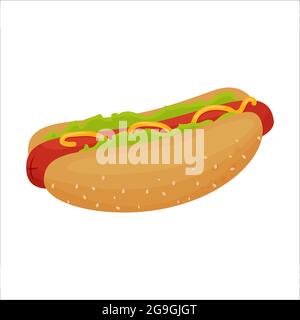 Bunt lecker Hotdog mit Wurst, Senf, Salat und sesames auf Brötchen isoliert auf weißem Hintergrund. . Vektorgrafik Stock Vektor