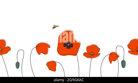 Nahtlose Grenze der Mohnblumen Hand in vereinfachten Kinder Cartoon naiven Stil auf weißem Hintergrund gezeichnet.nette Biene auf Blume sitzend.für die Gestaltung der Website Stockfoto