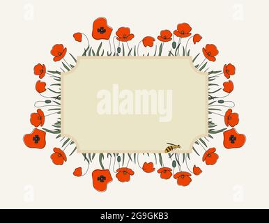 Saisonale Sommer handgezeichneten Rahmen Raster Hintergrund.Botanische dekorative Box oder Grenze mit Mohnblumen, nette Biene und Ort für Text.Blumen Hintergrund Stockfoto