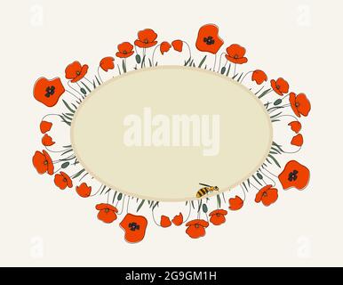 Saisonale Sommer handgezeichneten Rahmen Raster Hintergrund.Botanische dekorative Box oder Grenze mit Mohnblumen, nette Biene und Ort für Text.Blumen Hintergrund Stockfoto