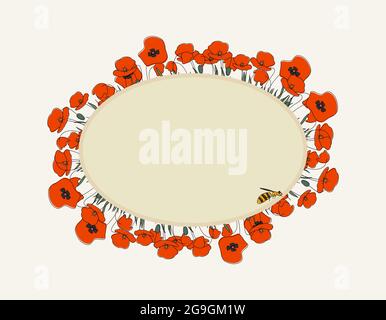 Saisonale Sommer handgezeichneten Rahmen Raster Hintergrund.Botanische dekorative Box oder Grenze mit Mohnblumen, nette Biene und Ort für Text.Blumen Hintergrund Stockfoto