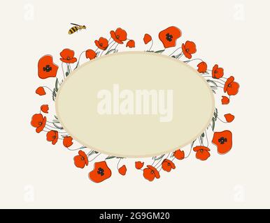 Saisonale Sommer handgezeichneten Rahmen Raster Hintergrund.Botanische dekorative Box oder Grenze mit Mohnblumen, nette Biene und Ort für Text.Blumen Hintergrund Stockfoto