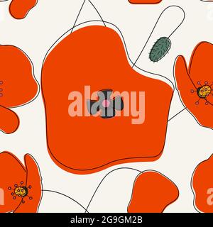 Nahtlose einfache niedliche handgezeichnete Muster von großen roten Mohnblumen auf hellem Hintergrund.endlose Blumenschmuck mit wilden Blumen.Bunte Kulisse Stockfoto