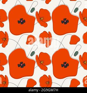 Nahtlose einfache niedliche handgezeichnete Muster von großen roten Mohnblumen auf hellem Hintergrund.endlose Blumenschmuck mit wilden Blumen.Bunte Kulisse Stockfoto