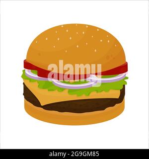 Hamburger Classic Burger amerikanischer Cheeseburger mit Salat Tomate Zwiebel Käse Rindfleisch und Sauce Nahaufnahme isoliert auf weißem Hintergrund. Fast Food. Vektorgrafik Stock Vektor