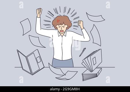 Stress und Überlastung bei Bürokonzept. Junge wütend betonte Geschäftsmann Gefühl negativ mit Fristen Haufen Arbeit im Büro erschöpft Vektor-Illustration Stock Vektor