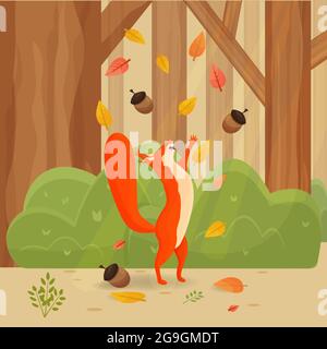 Happy Cartoon, Comic-Eichhörnchen mit Herbstblättern in Waldlandschaft, Landschaft, Hintergrund bunt und hell Stock-Vektor-Illustration. Vektorgrafik Stock Vektor