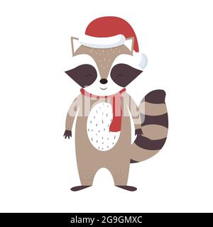 Liebenswert Waschbär Charakter mit Weihnachtshut und Schal strukturiert, stilvoll isoliert auf weißem Hintergrund. Drucken, Design-Element, Clipart. Vektorgrafik Stock Vektor