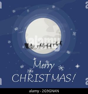 Weihnachtsmann auf Schlitten mit Rentieren auf Vollmond-Hintergrund mit Text Mary Christmas. Design für Urlaubsposter, Einladung, Glückwünsche, Grußkarte. Vektorgrafik Stock Vektor