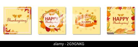 Set mit verschiedenen Thanksgiving-Karten mit Herbstelementen, Kürbis, gebratenem truthahn, Mais und traditionellem Kuchen. . Vektorgrafik Stock Vektor