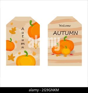 Set von Hallo Herbst Grußkarten in gemütlichen, Hygge-Stil isoliert auf weißem Hintergrund Stock Vektor-Illustration. Vektorgrafik Stock Vektor