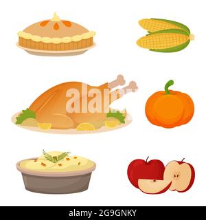 Set von Thanksgiving Food pute, Kartoffelpüree, Äpfel, Kürbis, Mais und Kuchen. Sammlung von Objekten, die auf weißem Hintergrund isoliert sind. Vektorgrafik Stock Vektor