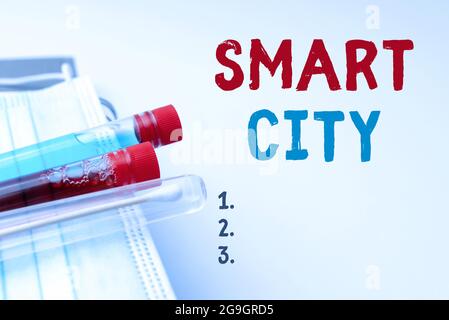 Handschriftschild Smart City. Wort für ein städtisches Gebiet, das Kommunikationstechnologien verwendet, um Daten zu erfassen, die wichtige medizinische Notizen Labor schreiben Stockfoto